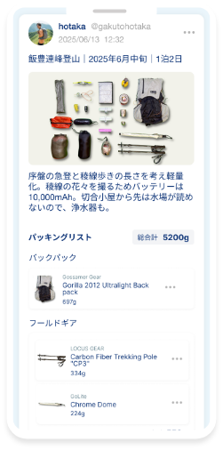 他ユーザーの持ち物リストを見て、参考にできます。